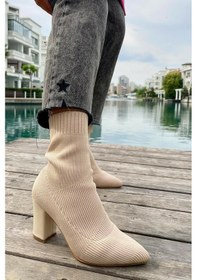 Resim Günlük Kadın Streç Triko Kalın Yüksek Topuklu Bot Bootie Çorap Şeritli Sivri Burun Ayakkabı 167 Bej 