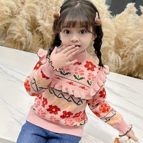 Resim Kızlar için Sıcak ve Rahat Polar Kazak - Çiçek Desenli Uzun Kollu, Volanlı Yaka, Açık Pembe ve Turuncu Çiçekler, Sonbahar/Kış için Mükemmel, Sonbahar/Kış Giyim|Volanlı Yaka Kazak|Esnek Kumaş 