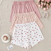 Resim 3 Parça Kadın Yaz Uyku Pantolonu - Kalp Desenli Kısa Kollu Pijama Şort, Yumuşak Nefes Alabilen Tüm Mevsim Ev Giyimi, Makinede Yıkanabilir Rahat Ev Kıyafeti, Pembe/Beyaz/Kırmızı 