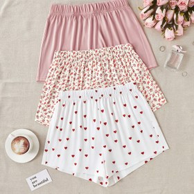 Resim 3 Parça Kadın Yaz Uyku Pantolonu - Kalp Desenli Kısa Kollu Pijama Şort, Yumuşak Nefes Alabilen Tüm Mevsim Ev Giyimi, Makinede Yıkanabilir Rahat Ev Kıyafeti, Pembe/Beyaz/Kırmızı 