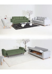 Resim Nola Koltuk Takımı 3+3+1+1 & Bazalı Yataklı Koltuk & Kanepe - Keten Gri-yeşil 