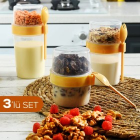 Resim 3'lü Set Çatallı Kaşık Hazırla ve Çık Meyveli Yoğurt Kabı - Öğün Kabı Sarı 