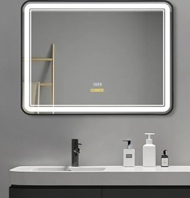 Resim Akıllı Ayna Buhar Tutmayan Hareket Sensörlü 3 Renk Ledli Siyah Çerçeveli Banyo Lavabo Aynası 80x60 