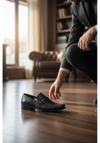 Resim Noch Erkek Hakiki Deri Bant Detaylı Klasik Ofis Ayakkabısı Loafer Siyah 