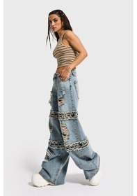Resim Itsbasic Kadın Kot Rengi Palazzo Fit Yırtık Detaylı Tasarım Denim Jean Mavi 