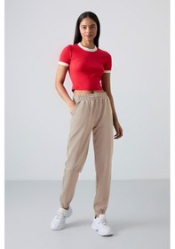 Resim Tommy Life Koyu Bej Cepli Yüksek Bel Rahat Form Lastik Paça Kadın Eşofman Alt - 94583 
