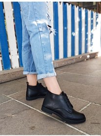 Resim Gdt Ayakkabı Siyah Renk Cilt Deri Bağcıklı Kadın Bot 001 