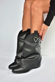 Resim Fox Shoes V973601009 Siyah Kalın Topuklu Western Kovboy Kadın Bot Siyah-Suni Deri 