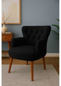 Resim Waterybrook Tekli Berjer Koltuk - Kapitoneli Babyface Kumaş - Ceviz Ahşap Ayaklı - Retro Modern Tasarım Siyah 