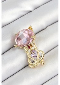 Resim Mey İthalat Pembe Zirkon Taşlı Kap Detaylı Kedi Figürlü Gold Renk Kadın Broş 