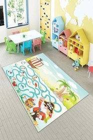 Resim Pelangi Mavi Korsan Ve Hazine Desenli Yıkanabilir Kaymaz Taban Leke Tutmazbebek Ve Çocuk Odası Halısı, Yeşil-Mavi 160 x 300, 901357069160300 