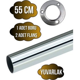 Resim Metal Yuvarlak Krom Mobilya Dolap Askı Borusu 55cm 2 Adet Yuvarlak Flanş-1 Adet Boru Çap:25mm Gri 