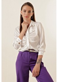 Resim Bigdart 20112 Büzgülü Saten Gömlek - Beyaz 001 