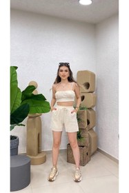 Resim Aec Prive Pamuklu Keten Crop Şort Takım - Şık ve Rahat - ekru / S / Kadın / Kız 