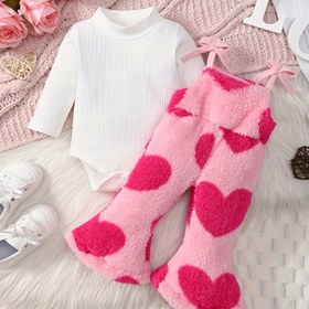 Resim 2 Adet Yeni Sonbahar/Kış Beyaz Kabartmalı Uzun Kollu Crop Top + Pembe Kalp Desenli Polar Flare Pantolon Takımı, Dış Mekan İçin Mükemmel 