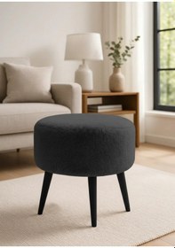 Resim Waterybrook Yuvarlak Puf Welsoft Kumaş Siyah Ahşap Ayaklı - Makyaj - Yatak Ucu - Dekoratif Oturma Pufu Antrasit 