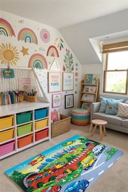 Resim Kessy Home Studio Şirin Taşıtlar Desenli Eğlenceli Oyun Halısı Yıkanabilir Kaymaz Taban Çocuk Odası Halısı 4 