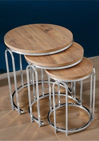 Resim 3' Lü Antik Çam Ahşap Nikel Gümüş Ayak Lenka Metal Sehpa Açık Ceviz 