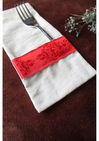 Resim 6 Adet Soft Kırmızı Şeritli Keten Kaşıklık Servis Sunum Kırmızı 