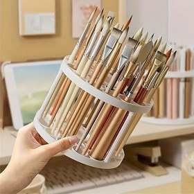 Resim 360° Dönebilen Fırça Organizatörü - Vernik Kaplamalı Ayrılabilir Plastik Ekleme Montajlı Depolama Rafı, Sanat Fırçaları, Makyaj Araçları & Kalemler için Yer Tasarruflu Beyaz Masa Aksesuarı - Hafif Dayanıklı Plastik, Ev Ofisi ve Stüdyo Düzeni için Şık Tasarım 