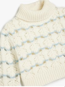Resim Koton Boğazlı Crop Kazak Örgü Detaylı Uzun Kollu Desenli Ekru Çizgili 5wkg90071at Ekru 