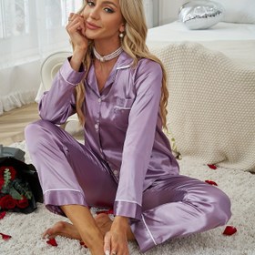 Resim Düz Saten Pijama Takımı, Rahat Uzun Kollu Cepli Düğmeli Üst ve Lastikli Belli Pantolon, Kadın Pijama ve Ev Giyim 