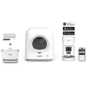 Resim Xenon Smart Akıllı Otomatik Kedi Tuvaleti 4LT Hazneli Mama Kabı Bataryalı Su Pınarı ve Yedek Filtre Pet Seti 
