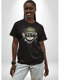 Resim Havalı Pilot Şapkalı Müzik Dinleyen Kedi Pamuklu Bisiklet Yaka Unisex Oversize Boyfriend Dijital Baskılı Siyah T-shirt Siyah 