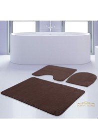 Resim Bonny Home Unicolor Düz Kahve 3lü Banyo Paspası Halısı Seti Kaymaz Kahverengi 