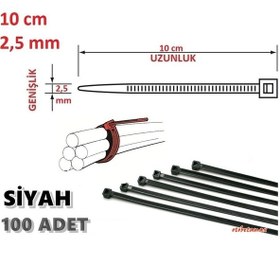 Resim 100 Adet 10cmx2.5mm Siyah Plastik Cırt Kelepçe Kablo Bağı 