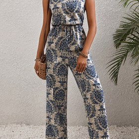 Resim Kadınların Zarif Mavi Çiçek Desenli Kolsuz Tulum - Etnik Tarz, Yuvarlak Yaka, Polyester, Bahar/Yaz İçin Mükemmel, Rahat Kıyafet|Çiçek Desenli Tulum|Polyester Kumaş 
