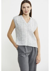 Resim Saç Örgülü Arkası Uzun Triko Süveter - Açık Gri Çok Renkli 