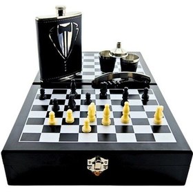 Resim Deri Kaplamalı Çelik Matara Ve Çakı Hediye Seti 4 Shot Bardak Özel Ahşap Kutusunda Satranç Takımı Siyah 