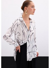 Resim Sateen Yırtmaç Detaylı Gömlek - Ekru-136103 Ekru 