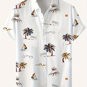 Resim Erkekler için Tropikal Havaii Gömleği - Yelkenli, Palmiye Ağacı ve Güneş Batışı Tasarımı ile Rahat Plaj Temalı Baskı, Kısa Kollu, Düğmeli, Hafif Polyester, Yaz Tatili ve Hediye için Mükemmel, Plaj Tatili Giyim | Tropikal Baskılı Gömlek | Hafif Kumaş, Plaj Gömlekleri 
