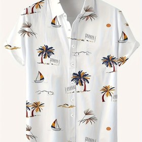 Resim Erkekler için Tropikal Havaii Gömleği - Yelkenli, Palmiye Ağacı ve Güneş Batışı Tasarımı ile Rahat Plaj Temalı Baskı, Kısa Kollu, Düğmeli, Hafif Polyester, Yaz Tatili ve Hediye için Mükemmel, Plaj Tatili Giyim | Tropikal Baskılı Gömlek | Hafif Kumaş, Plaj Gömlekleri 
