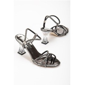 Resim Çapraz Taşlı Ayna Malzeme Platin Kadın Şeffaf Topuklu Abiye Ayakkabı-2717-platin Platin 