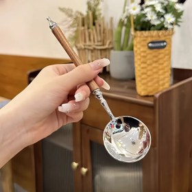 Resim Paslanmaz Çelik Yuvarlak Çorba Kaşığı, Sahte Ahşap Saplı, Uzun Yuvarlak Başlıklı, Ev Kullanımı İçin, Çorba Kaşığı, Tabak Kaşığı, Kaşık 