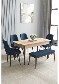 Resim Jusie Meşe Desen 80x132 Açılabilir Yemek Odası Takımı 4 Sandalye, 1 Bench Lacivert 