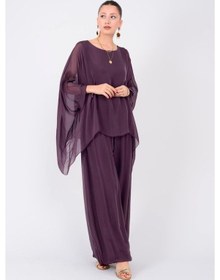 Resim Bohem Stil İtalyan Yarasa Kol İpek Bluz & Pantolon Takım-8767 Mürdüm 
