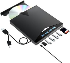 Resim 7in1 Harici DVD Sürücü, 4 USB Bağlantı Noktalı ve TF/SD Kart Yuvalı Dizüstü Bilgisayar için Harici DVD Oynatıcı, PC için Taşınabilir CD ROM Harici Sürücü, MacBook Windows 7/8/10/11 Linux Mac OS için 