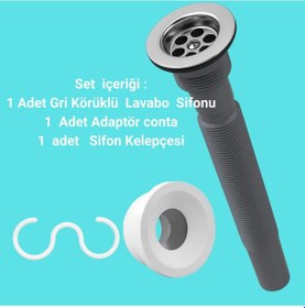 Resim Gri Körüklü Lavabo Sifon Seti Adaptör Conta + Sifon Kelepçesi D 