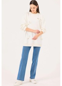 Resim Seçil Kadın Yuvarlak Yaka Taş Detaylı Sweatshirt 1020 Ekru Ekru 