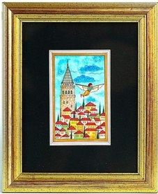 Resim Minyatür 25x20 Cm El Yapımı Dekoratif Çerçeveli Galata Kulesi Ve Hazerfen 