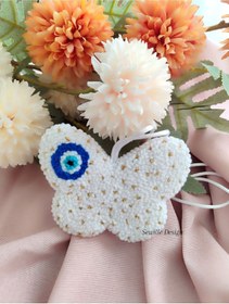 Resim Sewille Design Hand Made Punch İşlemeli Simli Nazar Boncuklu Beyaz Kelebek Araba Ayna Süsü 