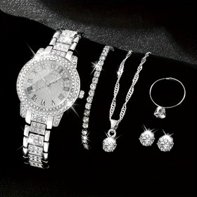 Resim 1 unisex saat, basit ve günlük yuvarlak kadranlı kuvars mekanizmalı + 5 parça takı seti (saat kutusu hariç) 