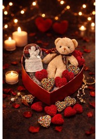 Resim Aşk Dolu Hediye Kalp Kutuda Melek Kar Küresi & Ayıcık & Jelibon Şeker Sevgililer Günü Hediye Seti 