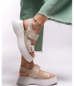 Resim Dolgu Topuk Bantlı Kadın Sandalet Bej-288 Bej 