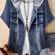 Resim Plus Beden, [Denim Desenli/Suni Denim] Kadınlar İçin Oversize Suni Denim Dokulu ve Rastgele Baskılı - Yuvarlak Yaka Kısa Kollu Üst, Makinede Yıkanabilir Her Mevsime Uygun Rahat Tişört 