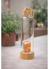 Resim Sarı Adventurin Doğal Taş Bambu Kapaklı Cam Su Matarası - 550 Ml - Özel Kılıflı Beyaz 
